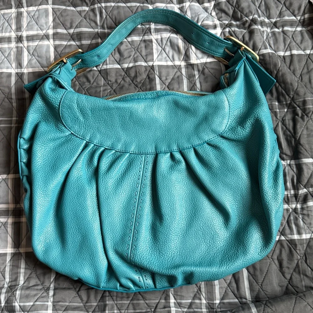 Cole Haan Rouched Large Hobo Turquoise Peacock Blue Pebbled Leather